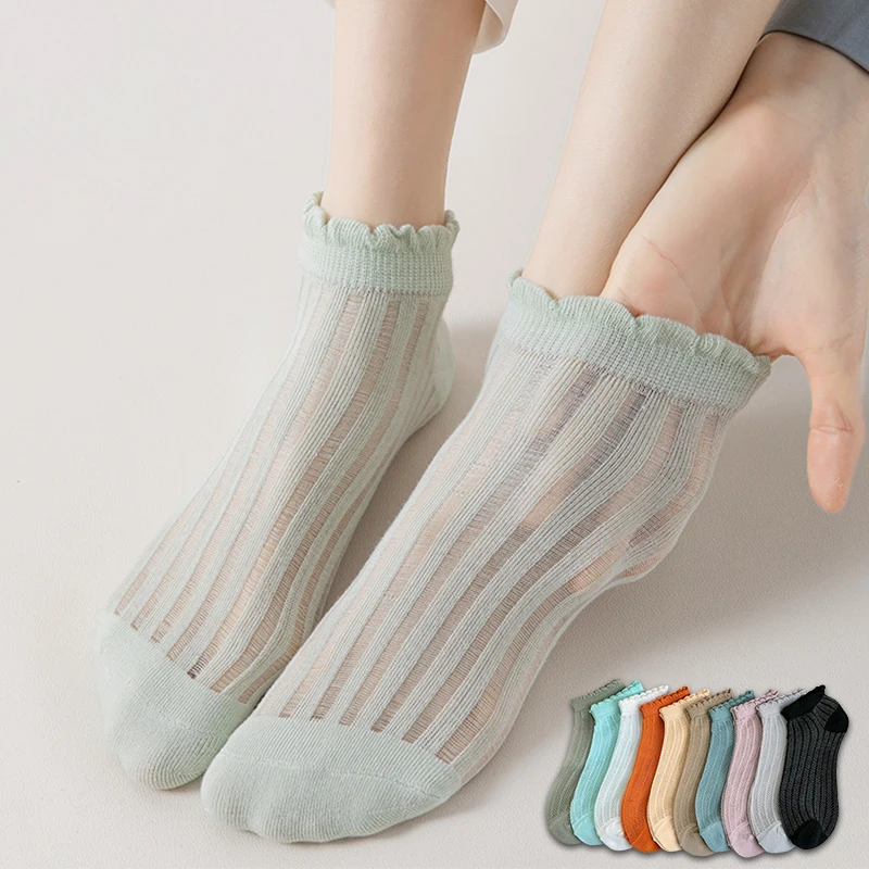 5Pairs Women's Frill Trim Sock Ultra-Soft Breathable Comfy Sweet Short Socks for Girls Cute Solid Japanese Style Low Cut Sox