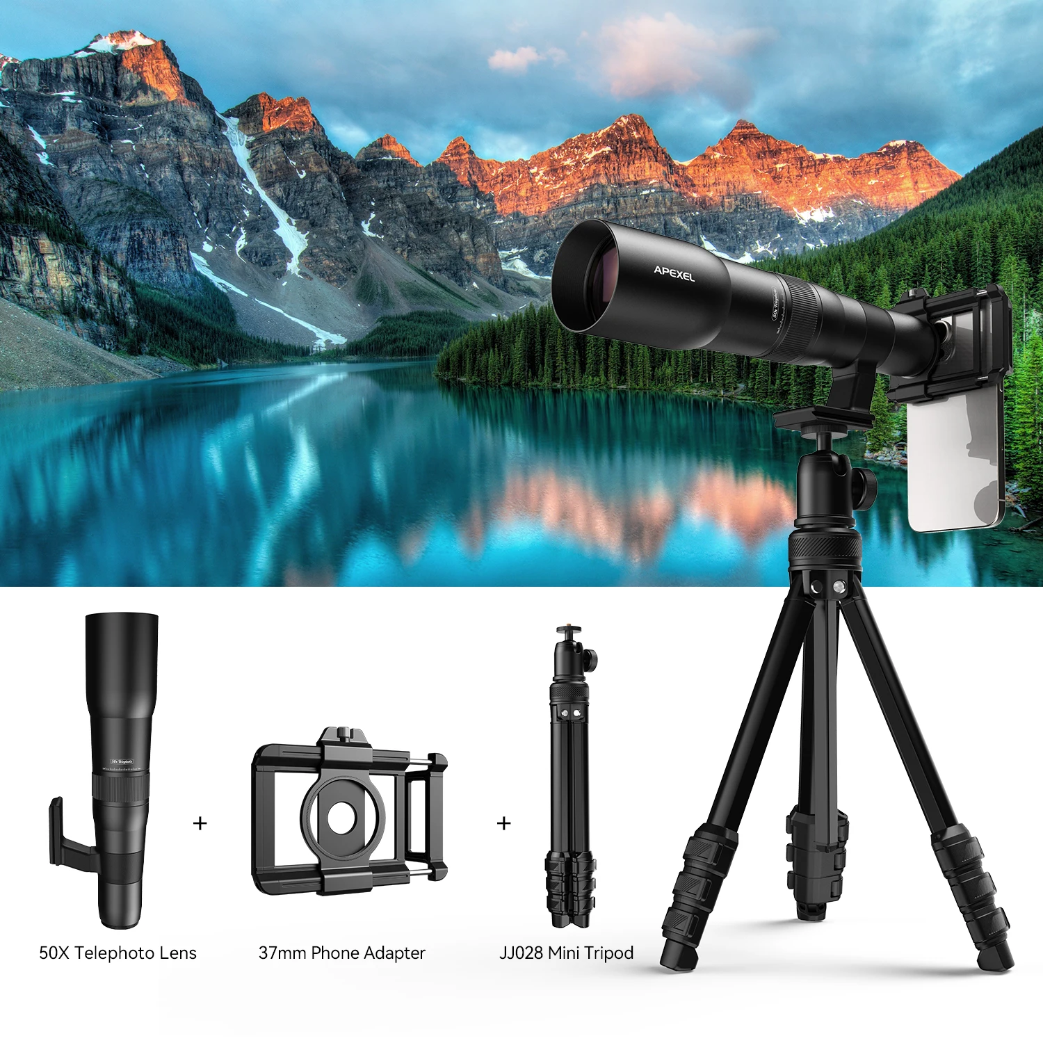 Apexel hd 50x ultra lente telefoto lentes telescópio profissional do telefone móvel com tripé de metal para observação de pássaros vida selvagem esporte