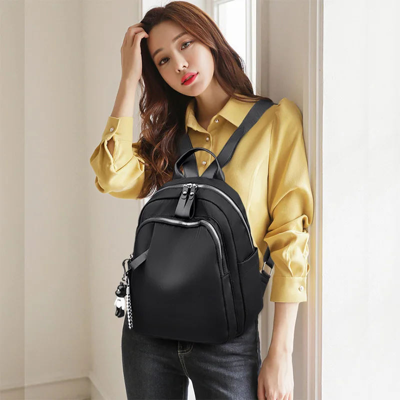 Solid Black Backpack Women Oxford Cloth Zipper Double Shoulder School Bag Teenage Youth Backpacks Travel Casual Ladies Bags