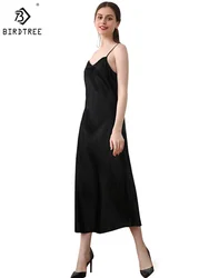 Birdtree 19MM 100%Real Silk Sexy Long Nightgown Women Pajamas Homewear Sleep Spaghetti Strap Dress 2024 Spring Summer P3D053QM