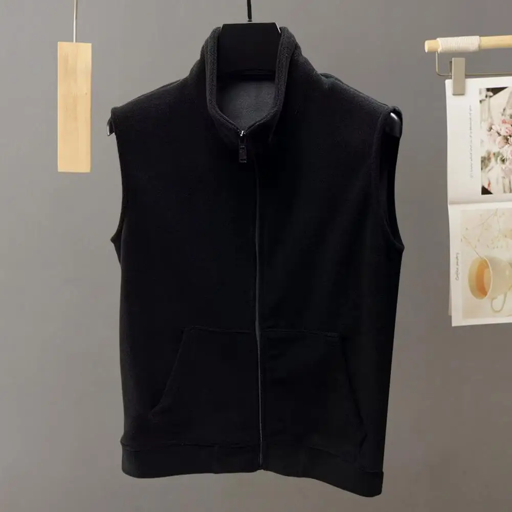 Men Polar Fleece Vest Coat with Pockets Stand-Up Collar Sleeveless Zipper Placket Soft Warm Base Waistcoat