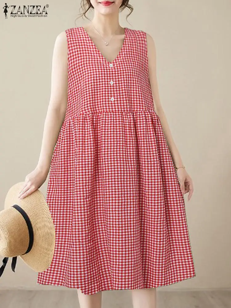 

ZANZEA Elegant Women V-Neck Sleeveless Dress Summer Casual Loose Sundress Fashion Buttons Down Midi Robe Plaid Checked Vestidos