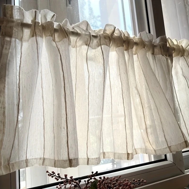 1 Panel Vintage Rustic Striped Linen-look Summer Sheer Curtain, Rod Top Design, Light Filtering for Kitchen & Dining Decor, Café