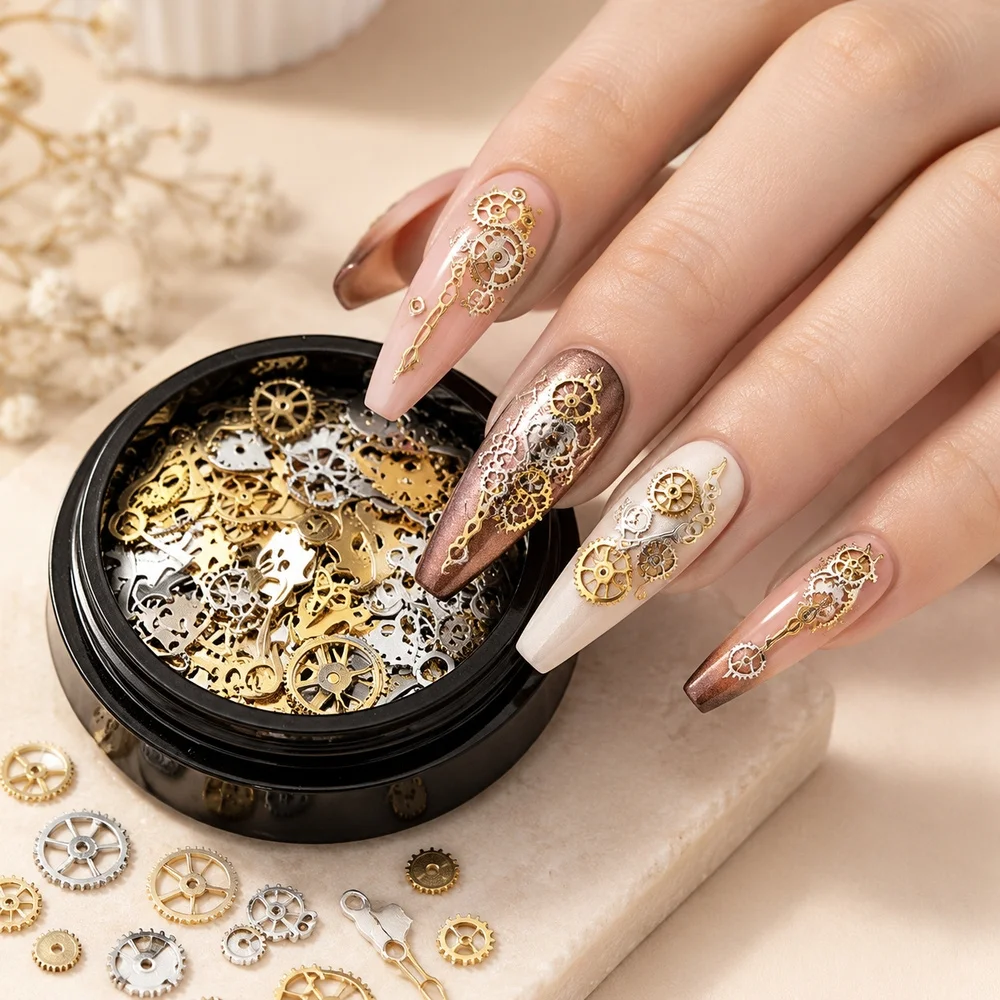 120Pcs Steampunk Gear Nail Charms 3 Styles Metal Clock Wheel Nail Art Decorations Vintage Punk 3D Nail Charms DIY Manicure Acces