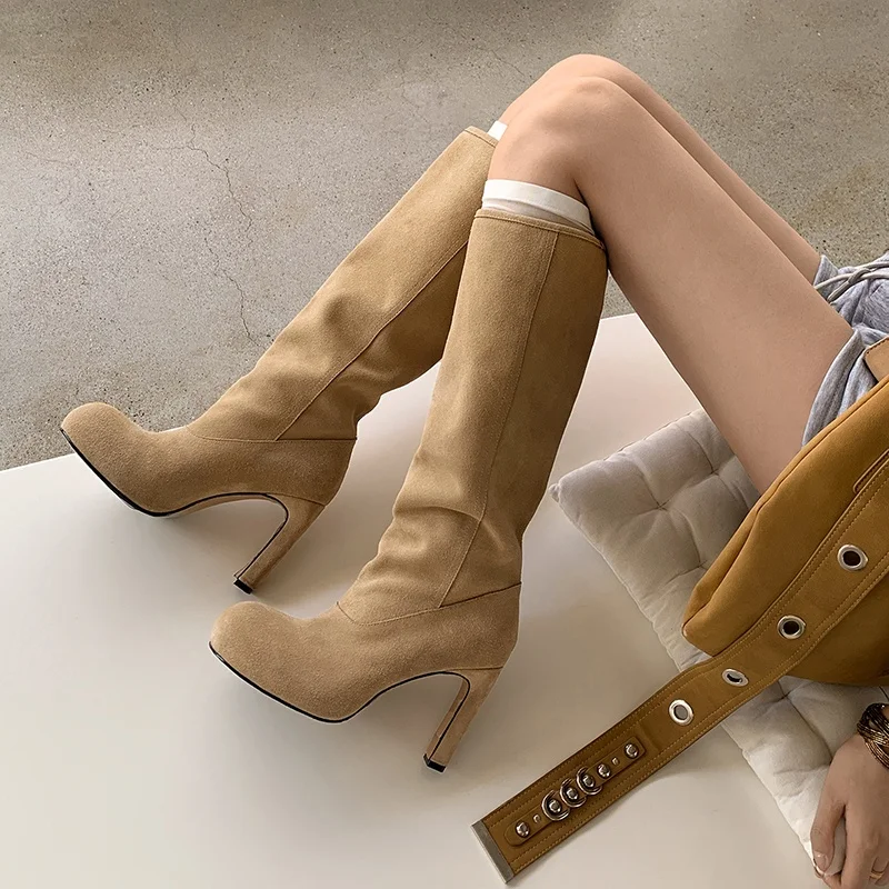 MKKHOU Women Round‑Toe Suede Knee‑High Boots Chunky Block Heel Pull‑On Fall Winter Tall Dress Long Boots Women