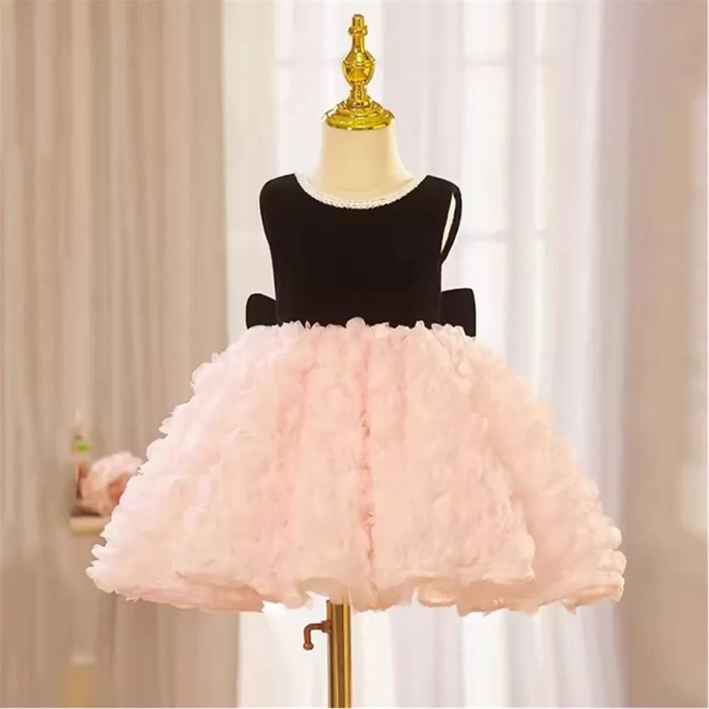 

Luxury Flower Girl Wedding Dress Black Pink Sleeveless Pearls Bow Kids Birthday Evening Gown Cute Princess Pageant Party Dress