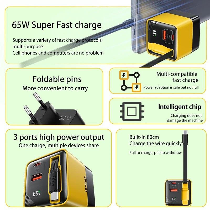 WEKOME 65W GaN Fast Charger USB-C Fast Charging With Built-in 80MM TypeC Cable EU US Plug For iPhone 15 Promax Xiaomi Samsung