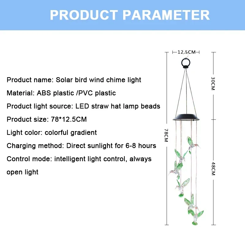 Lampade solari a sospensione creative Colibrì Farfalla Carillon di vento Luce LED solare impermeabile IP65 Luce decorativa Cortile da giardino