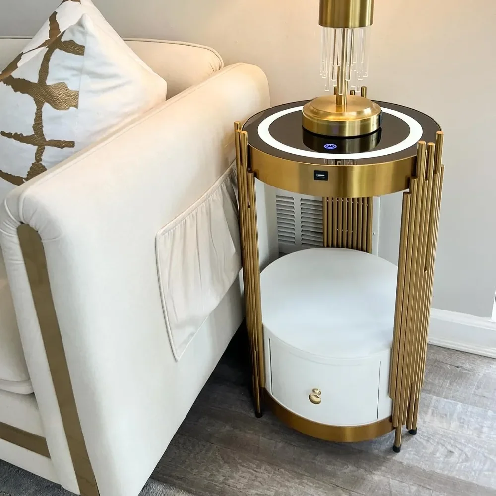 

Gold Led Smart Round Nightstand with Drawer,Sofa Narrow End Table with Wireless Charging Station,Small Spaces Coffee Table