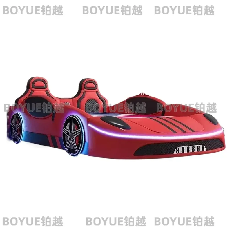 Wooden Double Sofa Bed Full Size Kids Bed with Guardrail Storage Modern Simple Racing Theme Cartoon Design for Boys Children