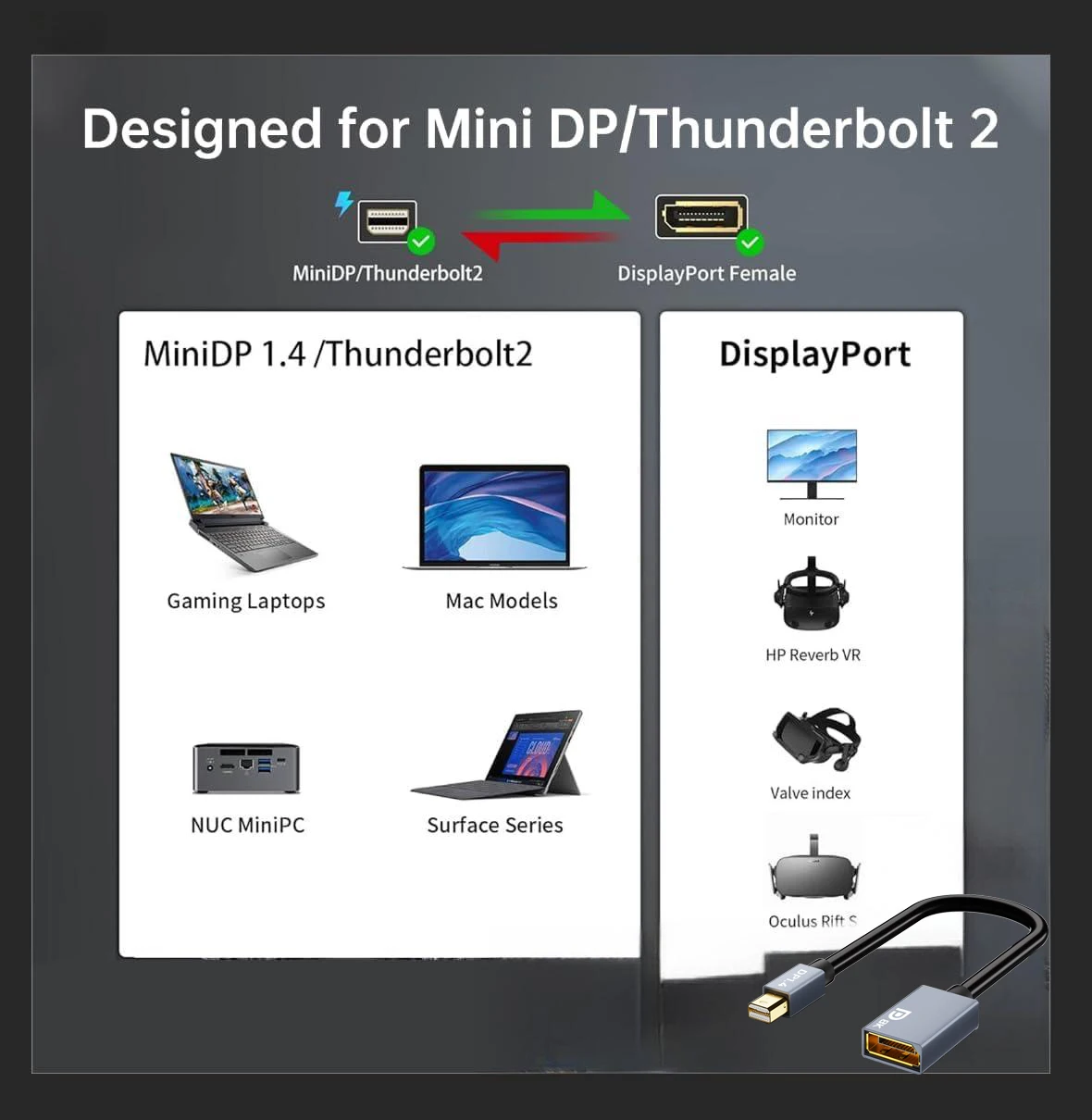 Kabel adaptera Mini DisplayPort do DisplayPort 0,2 m, 8K60Hz, 4K144Hz, 2K240Hz, żeński, kompatybilny z Thunderbolt2 — zdjęcie produktu 6