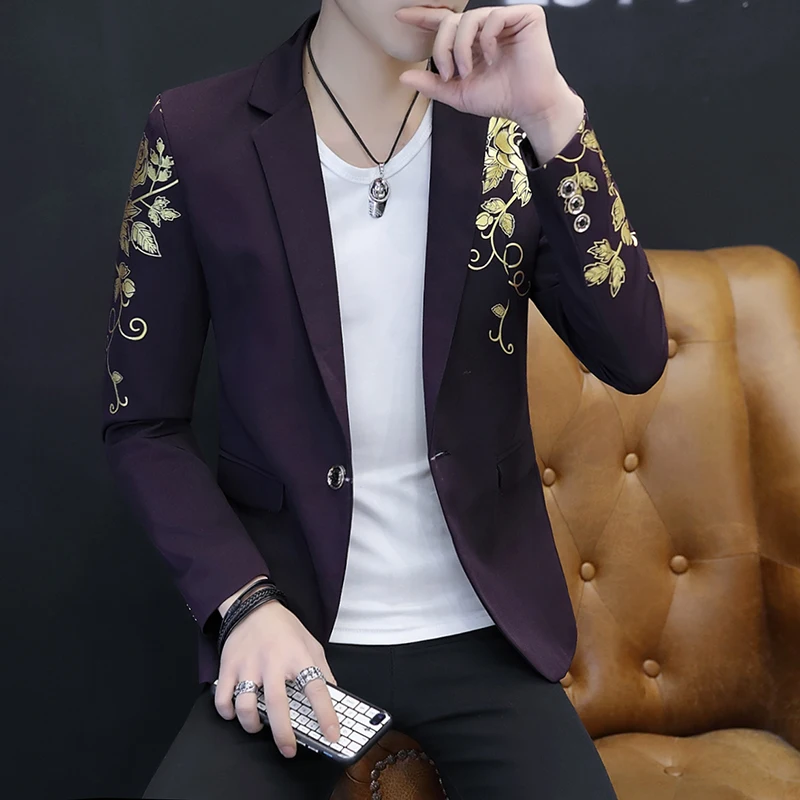 2023 Korean Style Gilded Flower Men Blazers Slim Fit Casual Business Suit Jackets Street Wear Social Wedding Groom Dress Coat