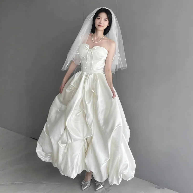 2026 Spring Women's New Wedding Dress Sleeveless Strapless Folds Ankle-Length Bride Gown Simple Korean Photos Shoot Dresses