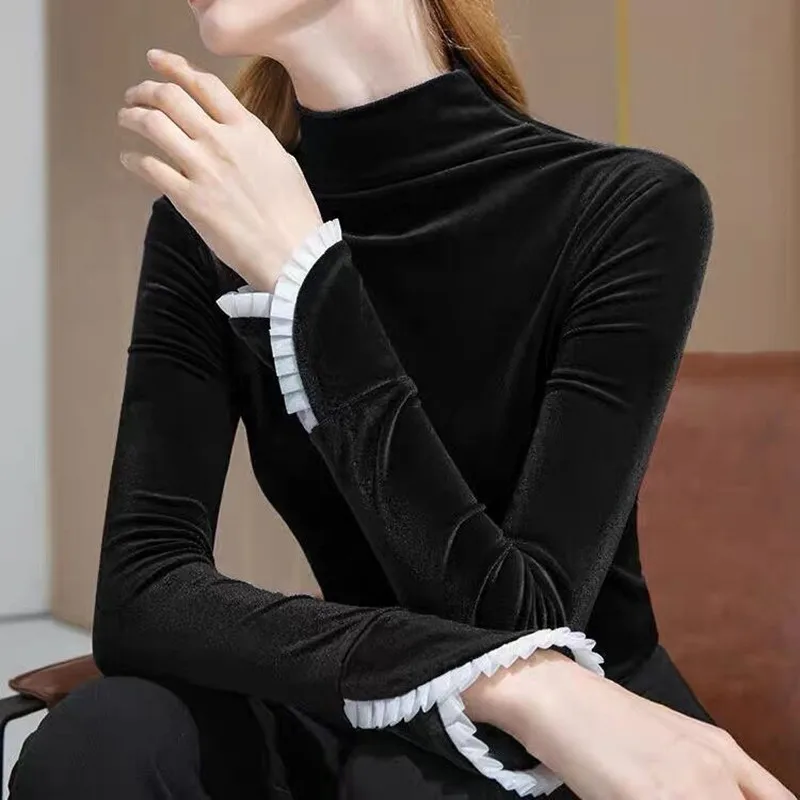jaqueta de renda feminina Women's Autumn Winter Turtleneck Pullovers vevet blouse,Plus size patchwork long sleeve velour shirts