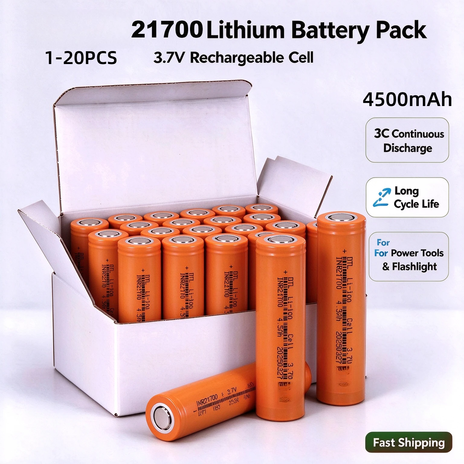 1-20PCS INR21700 4500mAh Rechargeable Lithium Battery 3.7V 3C Power Cell for Power Tools Flashlights Christmas String Lights
