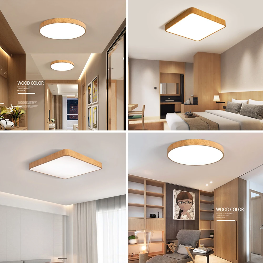 LED Wood Grain Ceiling Lamp Modern Round/square Embedded with Remote Control Dimming for Living Room, Study and Bedroom Lighting