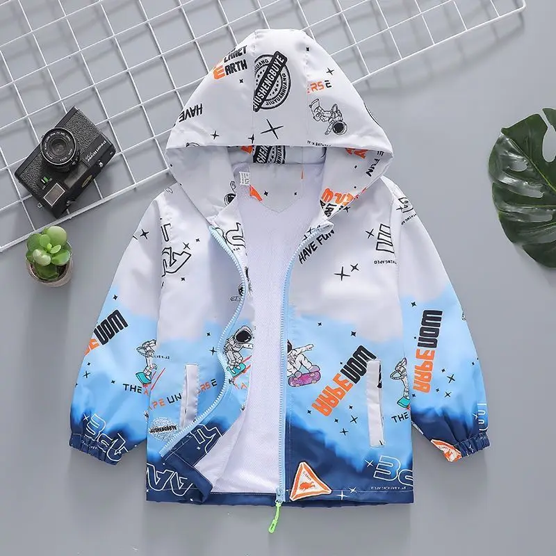 2023 Spring Autumn Boys Coats Printed Cartoon Astronaut Hooded Zipper Jackets For Kids 2-10 Years Children Windbreaker Outerwear