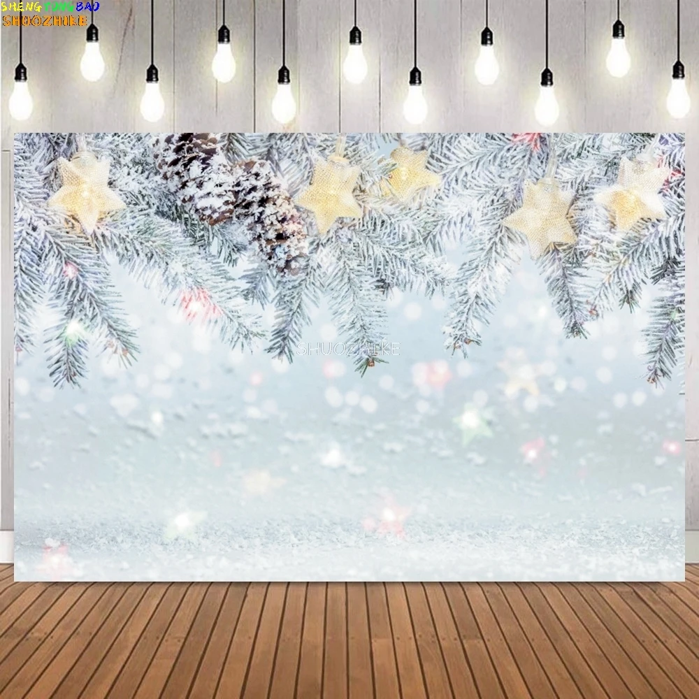Christmas Backdrop Brown Gray Wood Floor Snowflake Xmas Tree Gifts Background Family Festival Party Decor Photo Studio Props