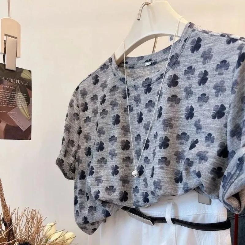 Summer Women's T Shirt Crew Neck Short Sleeve Clover Print Loose Fit Casual Tops