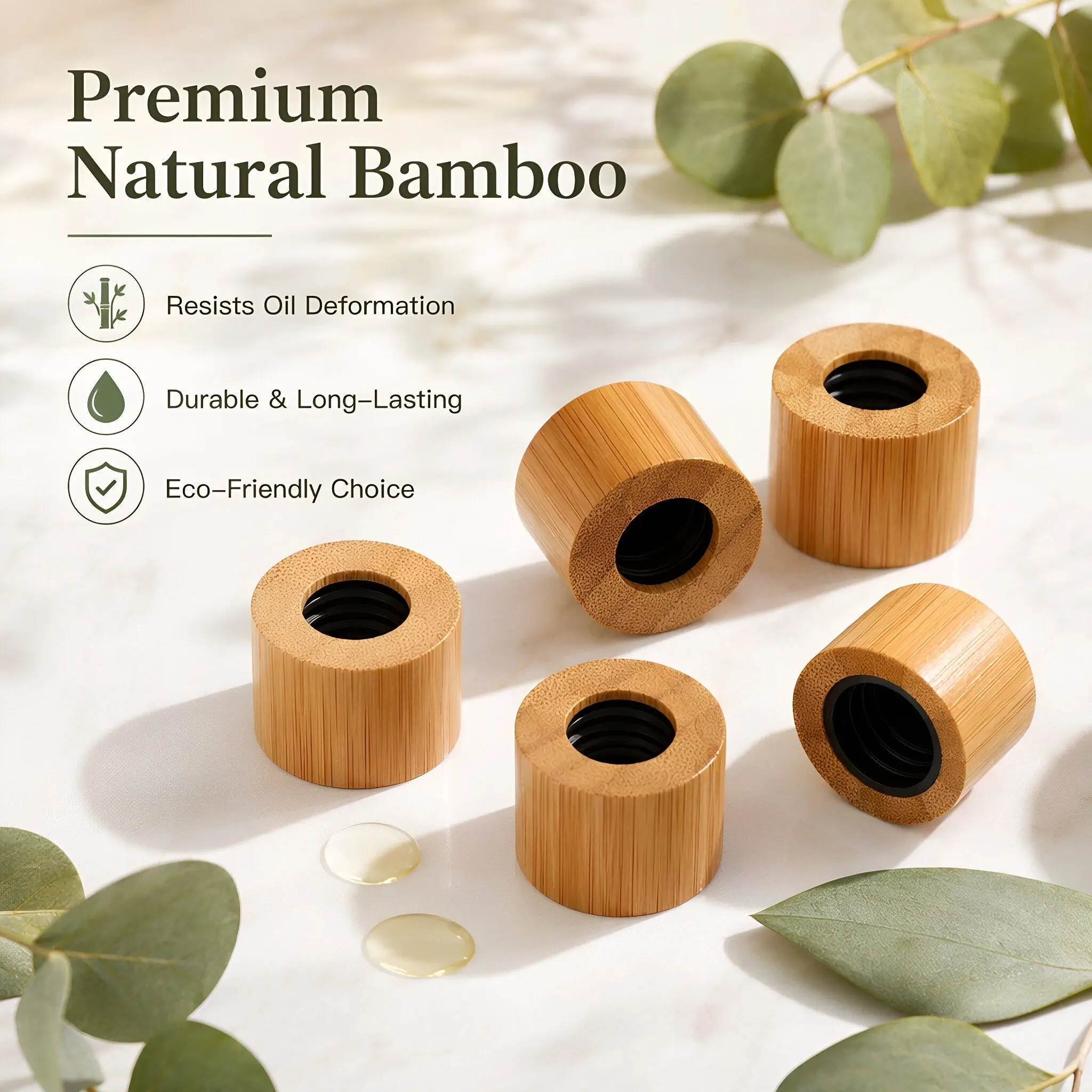 5Pcs Bamboo Wood Essential Oil Dropper Caps Leak Proof 24Mm Screw Tops for Aromatherapy Skincare Perfume Massage Oil DIY Refills