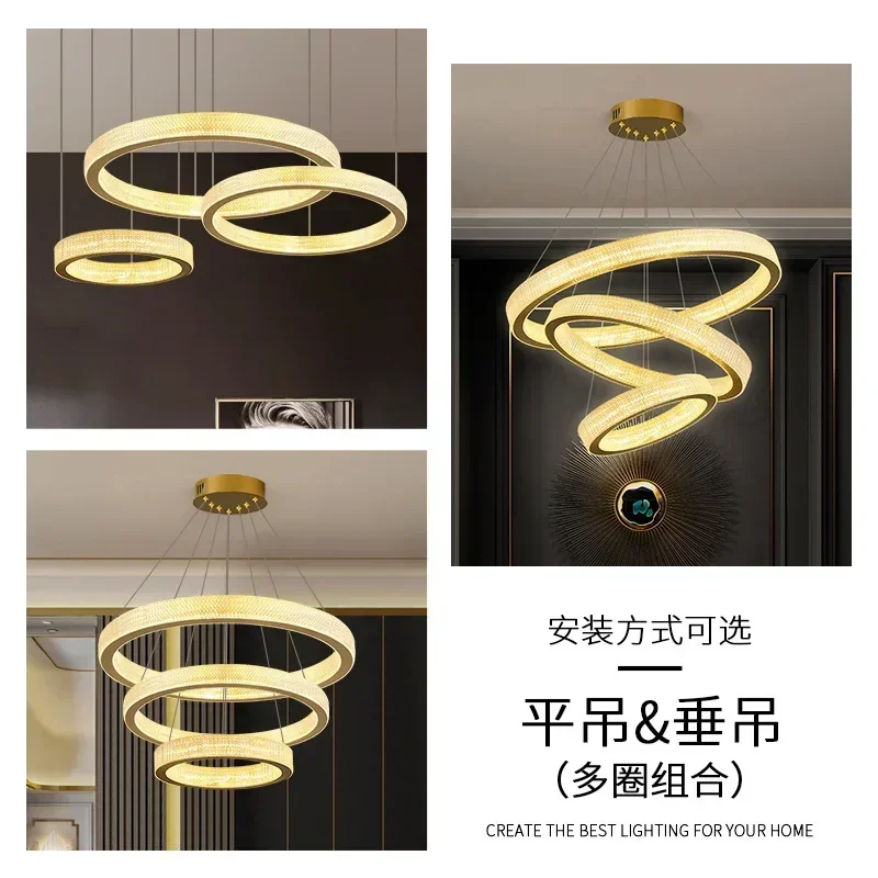 Empty villa living room large chandelier duplex floor hall simple loft stair light long chandelier building middle floor crystal