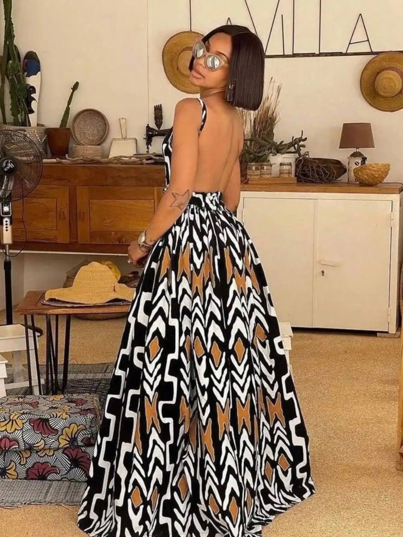 Womens African Print V Neck Backless Maxi Dress Sleeveless High Waist A Line Long Dress Summer Beach Party Elegant Outfit
