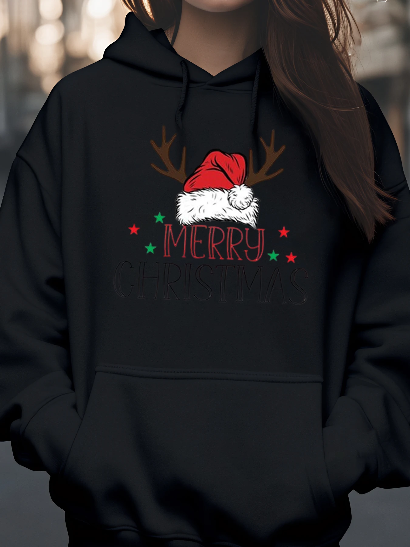 

Шапка Санты с оленями, толстовка с капюшоном с рождественским принтом, праздничная одежда, женский повседневный свитер