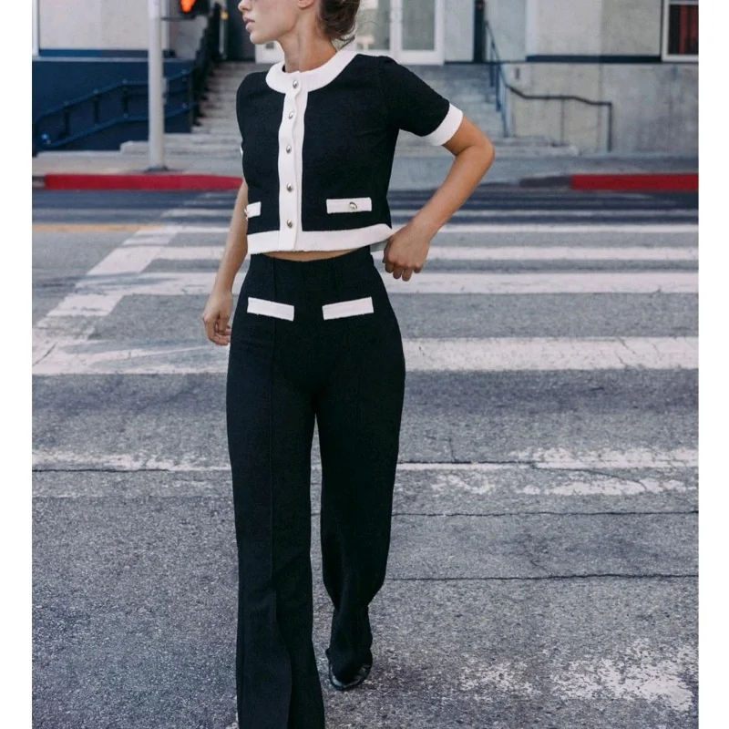 

Slim Fit контрастного цвета с бусинами, шерстяной круглый Ne ort Sve Jaet, длинные брюки с высокой талией, модный комплект, женский повседневный осенний комплект...