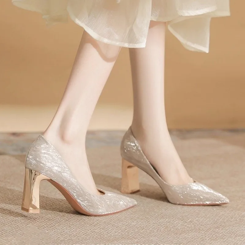 

Новые весенние нескользящие износостойкие туфли на высоком каблуке с острым носком и неглубоким носком на одинарном каблуке