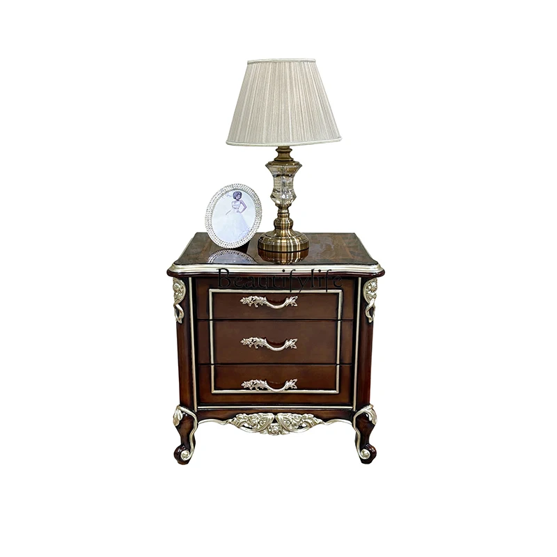 

French bedside table, European court luxury wood carving flower neoclassical bedroom bedside table