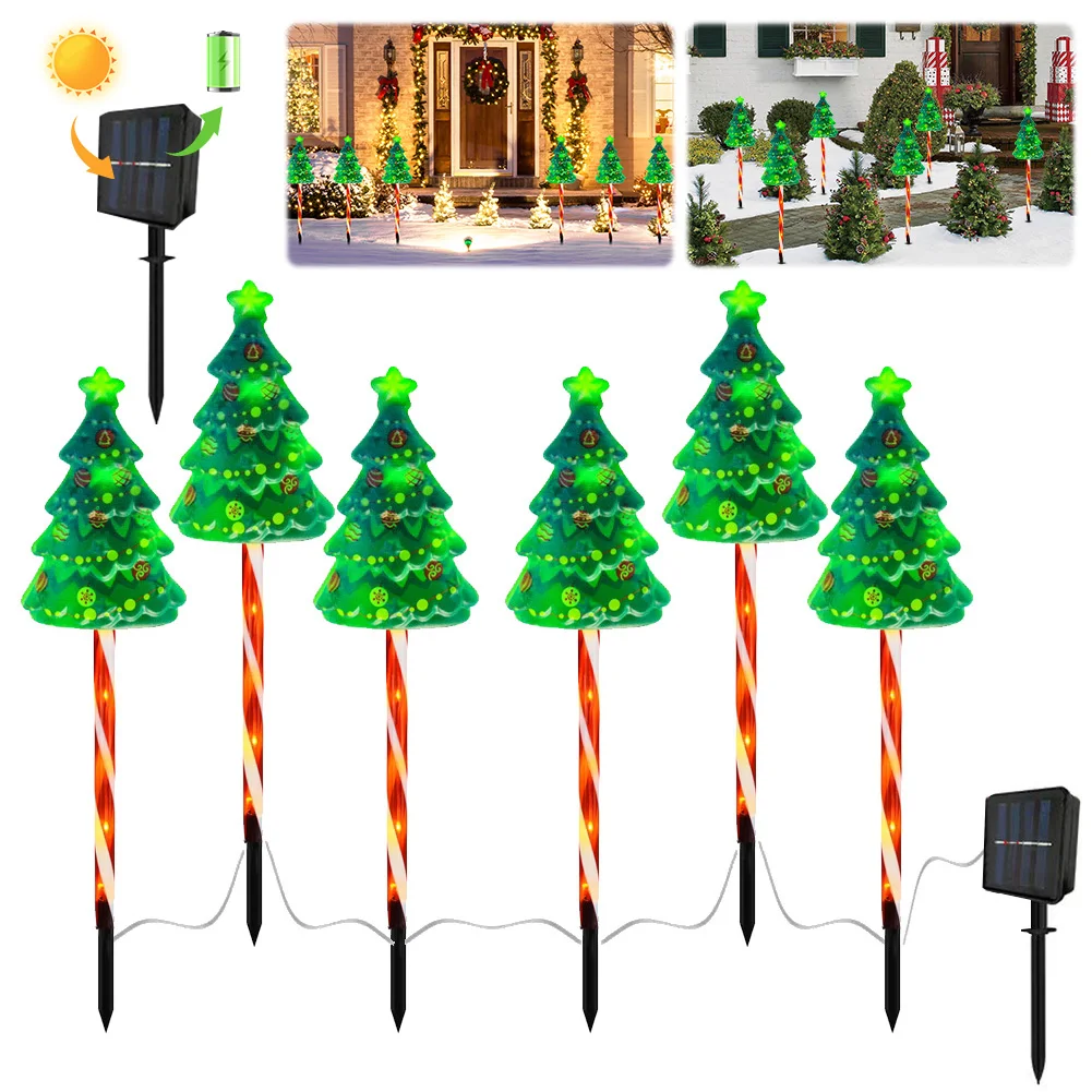6 Pack Christmas Tree Light IP65 Waterproof Xmas Tree Candy Cane Light USB Rechargeable Decorative Pathway Light for Garden Lawn