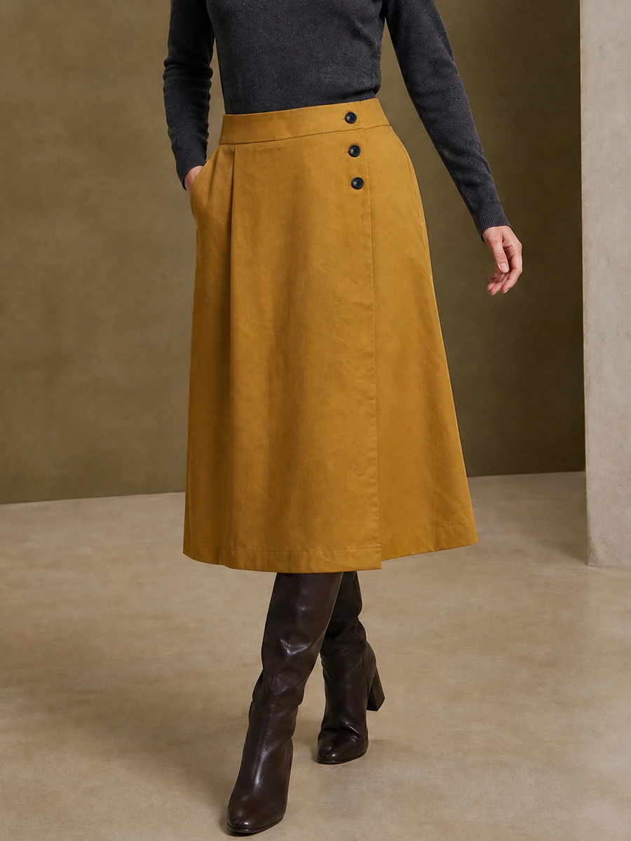 Freeacy Women Yellow Button Detail High Waist A Line Midi Skirt Side Pocket Elegant Casual Office Work Autumn Winter Skirt