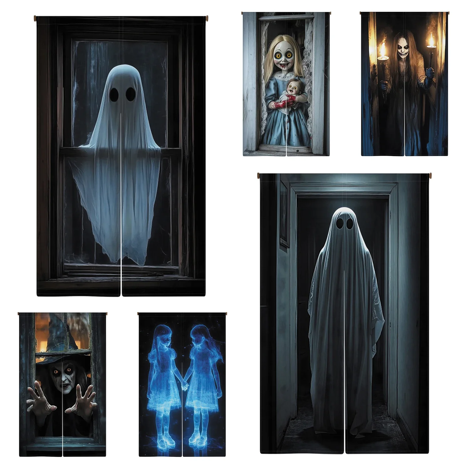 Halloween Spooky Ghost Door Curtain Noren Kitchen Living Room Partition Doorway Entryway Hanging Half-Curtain Room Decor