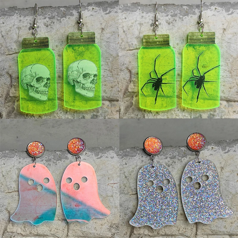 Vintage Skull Halloween Earrings For Women Hallowmas Horror Spider Bottle Glitter Ghost Acrylic Dangling Earring Party