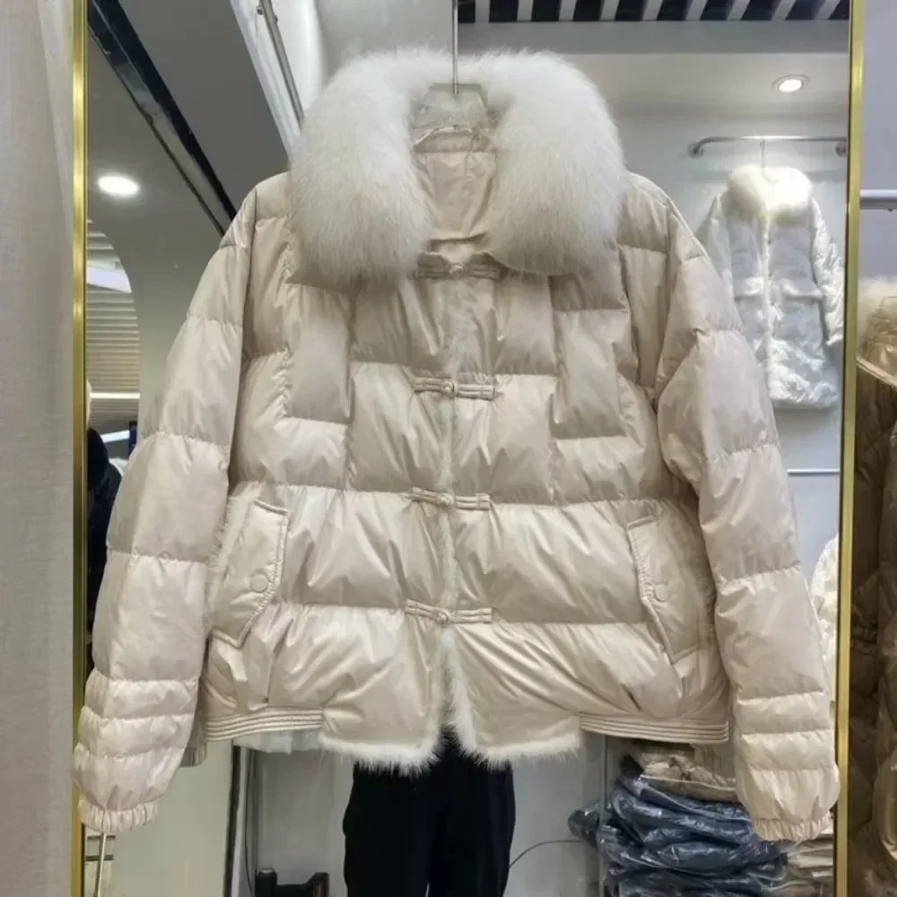 2024 Real Fox Fur Collar Winter Women White Duck Down Jacket Ladies Short Warm Puffer Coat Female Loose Vintage Parka Outerwear