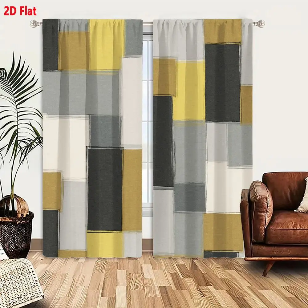 2Pcs Curtains 2D Flat Abstract Geometric Composition With Mustard Yellow And Charcoal Gray Blocks Window Drapes for Bedroom Room