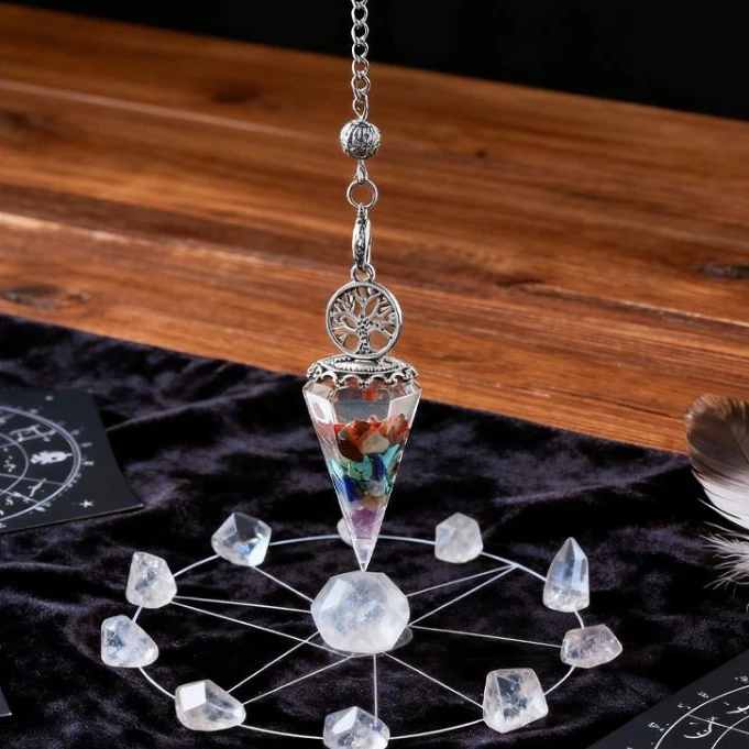 Alloy Resin Tree of Life Stone Crystal Inlay Pendulum Divination Tool Chain for Dowsing Meditation Spiritual Healing Unique Gift