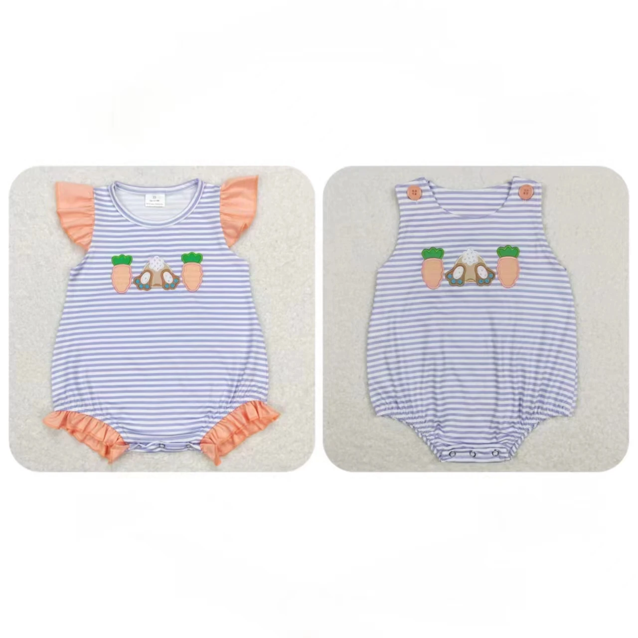 

Wholesale Newborn Easter Romper Matching Baby Boy Girl Short Sleeves Carrot Rabbit Bubble Kids Toddler Purple Stripes One-piece