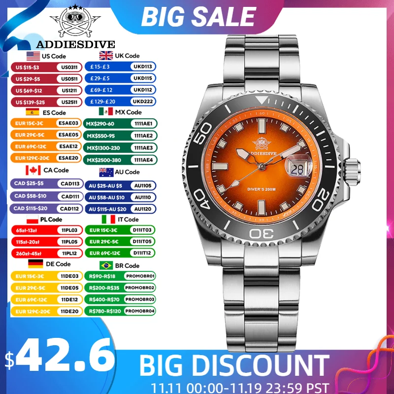

ADDIESDIVE кварцевые часы мужские керамический безель 41 мм градиент оранжевый циферблат AR стекло с покрытием светящиеся водонепроницаемые часы для дайвинга 200 м новые