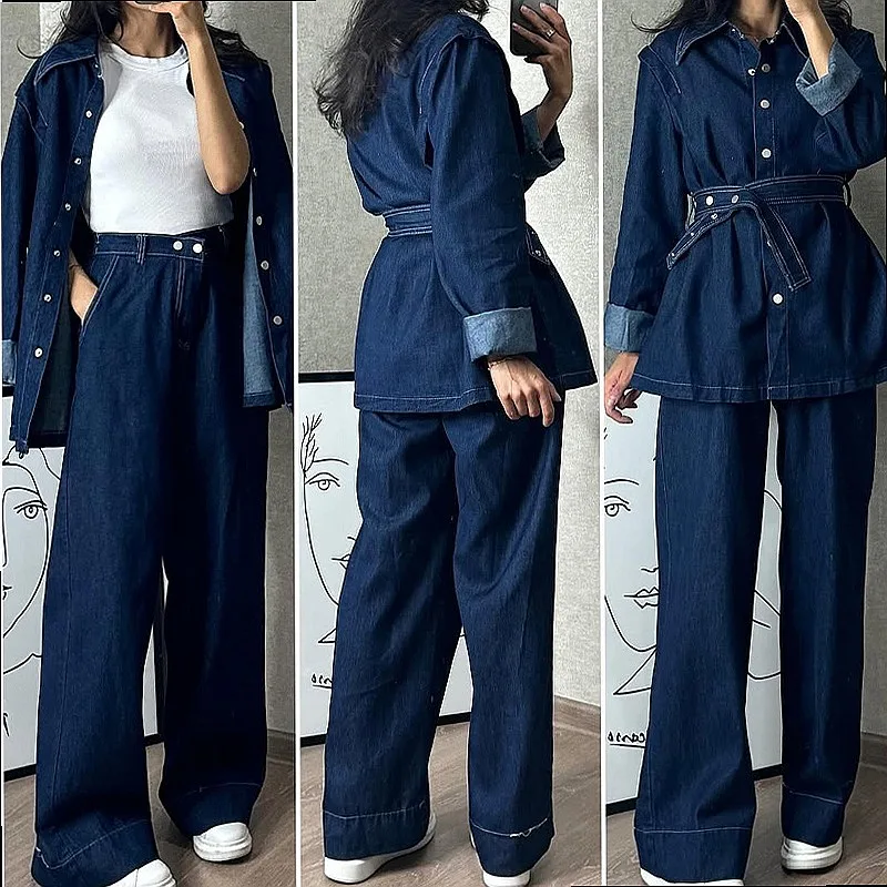 Women Denim Jacket and Wide Leg Jeans Matching Set