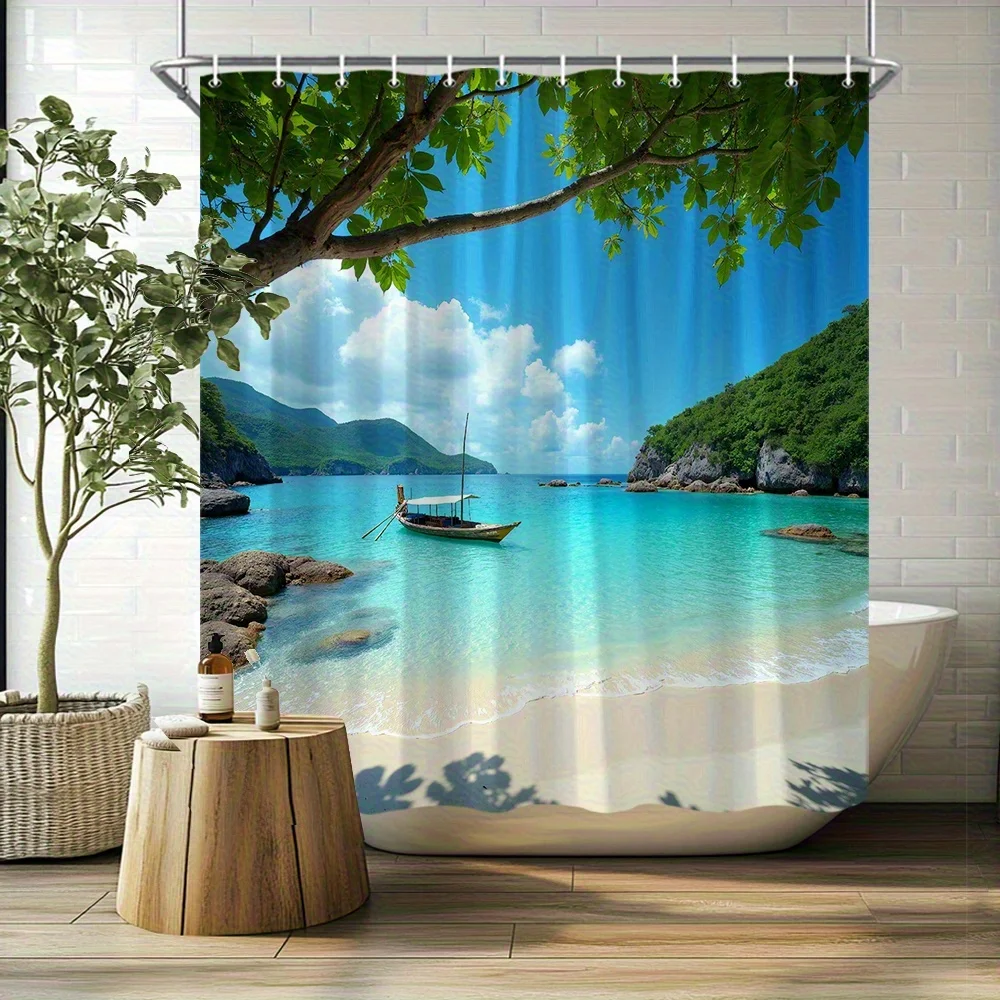 

tropical beach shower curtain with clear blue sea and boat design for relaxing bathroom decor Free Hooks Included non-toxic