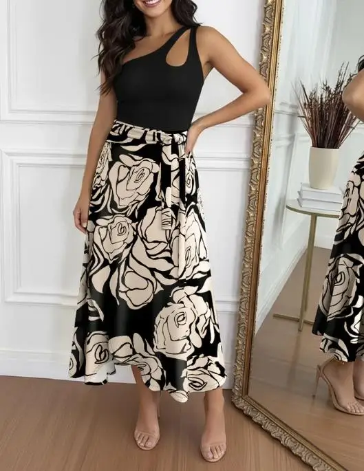 Gonna per le donne 2026 Nuova moda primaverile Colorblock Stampa floreale Avvolgente Gonna con lacci Gonna lunga casual con orlo asimmetrico