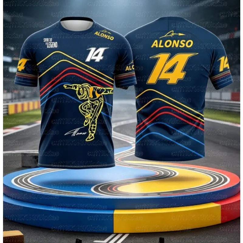 Alonso 14 Racing Themed Short Sleeved 3D Printed T-shirt, Trendy, Casual, Breathable and Comfortable, Fan Family Style