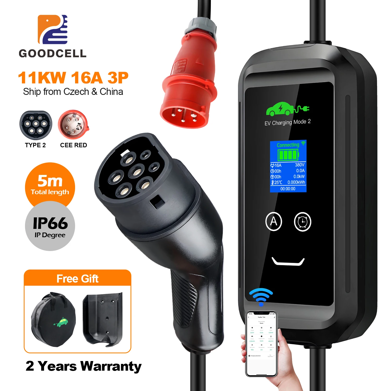 GOODCELL Type2 Portable EV Charger APP WIFI Bluetooth Support 16A 3P 11KW EU Plug for Home Charging for European Standard Car