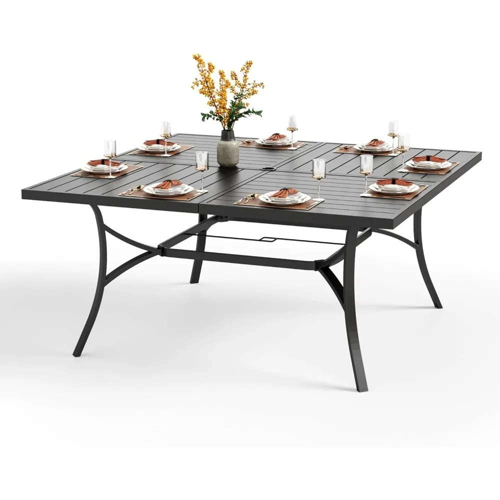 

Large Outdoor Square Dining Table for 8, 60" Metal Steel Slat Table with Umbrella Hole, Weather-Resistant Dining Fruniture for