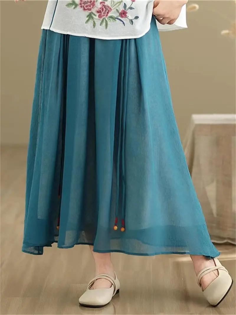 Bohemian Artistic Maxiกระโปรง 2025 - ผู้หญิงฤดูร้อนRamieกระโปรงสองชั้น,พู่Trim Big Swingขนาดใหญ่ขนาดG542