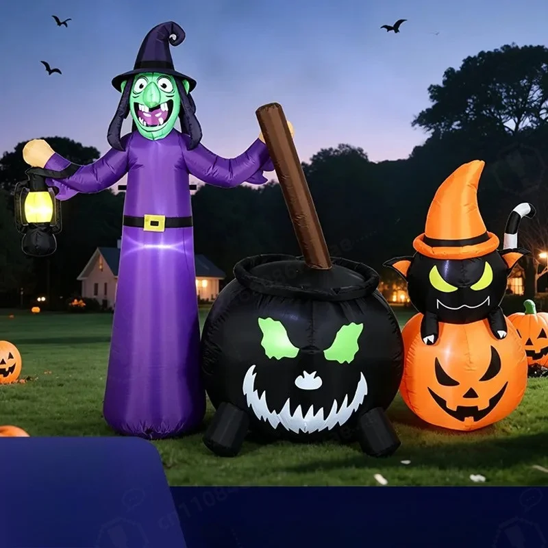 1.8M Halloween Inflatable Witch Cauldron Black Cat Pumpkin LED Light Up Air Blow Up Decoration for Outdoor Garden Lawn Yard
