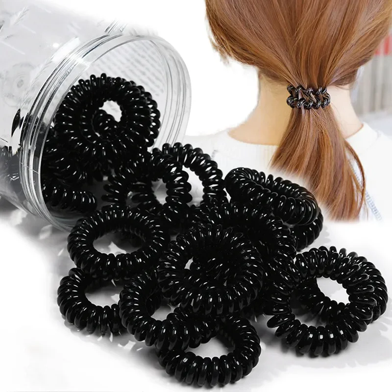5 Pcs Phone Line Hair Ring Transparent Traceless Black Plastic Spring Ring Rubber Band Hair Accessory Japanese Korean Ins Style