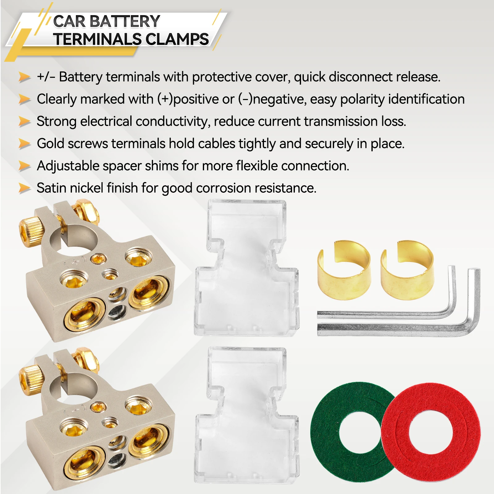 2x 2/4/8/10 AWG Gauge Positive Negative Car Battery Terminal Connectors Post Clamp with Washers Shims Clear Covers Special Tools