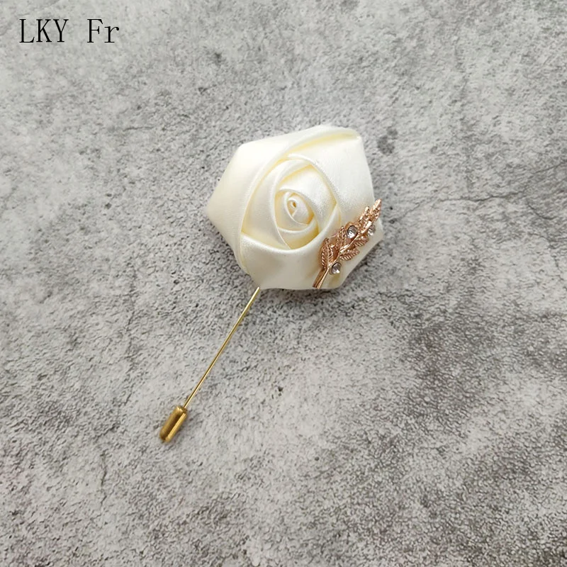 LKY Fr Gold Boutonnieres accessori da sposa sposo corpetto spille spilla a nastro fiori avorio Boutonniere Mariage Homme decorazione